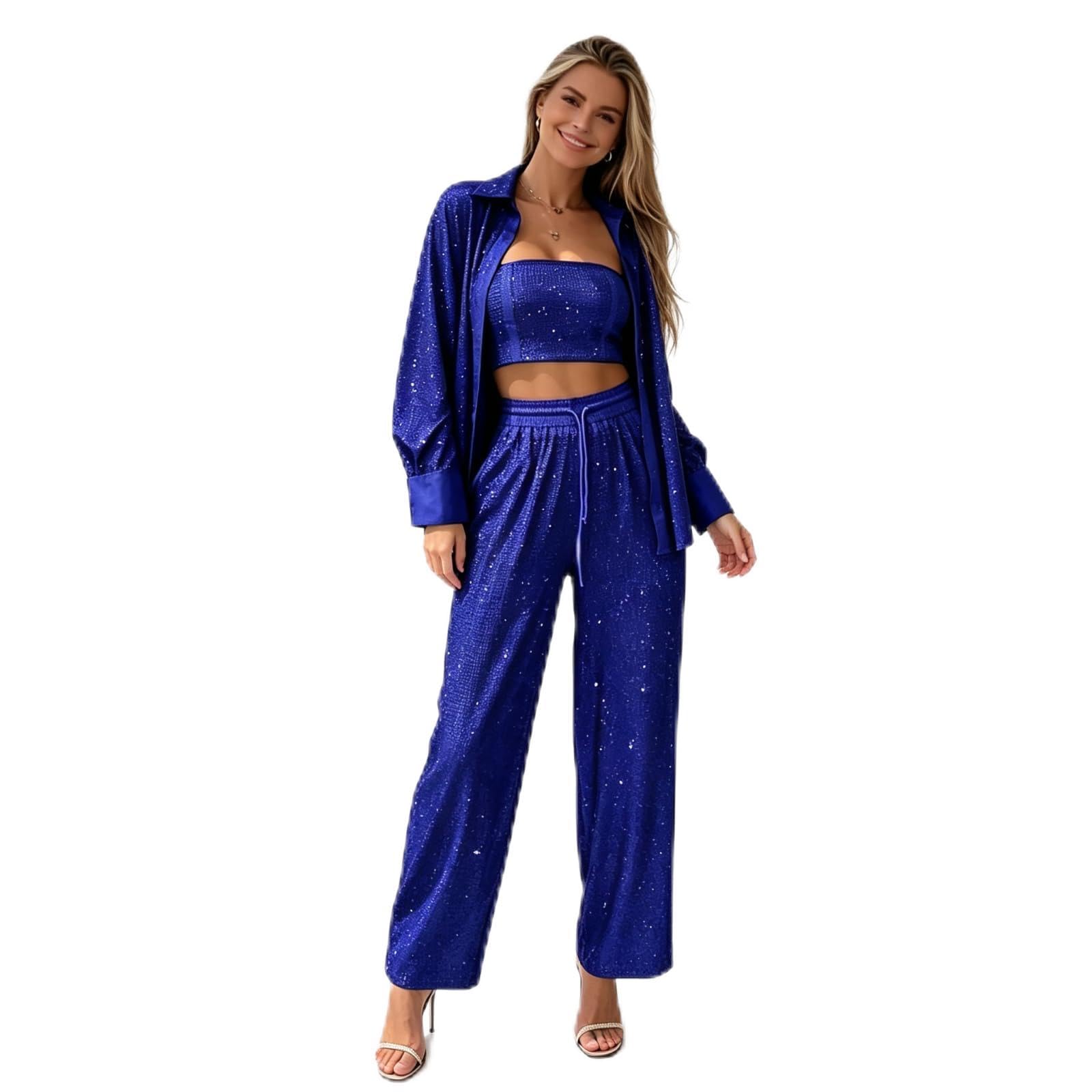 Damen Pailletten Anzug Zweiteiliger Blazer und Hose Business Hosenanzug Festlich Elegant Slim 2-teiliges Set