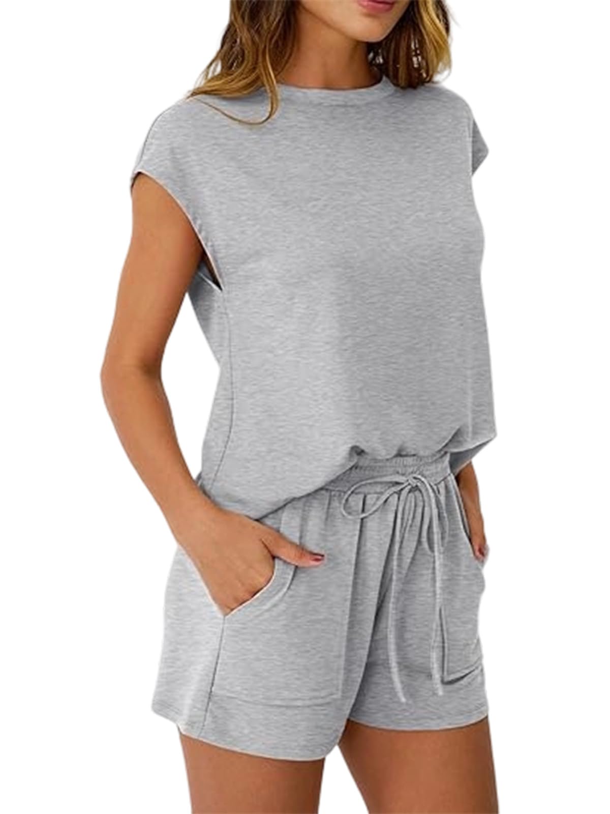 Conjuntos Chándal Mujer Verano 2 Piezas Casual Cuello Redondo Top Sin Mangas y Pantalones Cortos con Bolsillos y Cordón Ajustable Chandal Completo