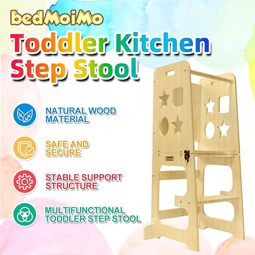 Miniatura 2 de Taburete de cocina para niños con barandilla de seguridad, construcción de madera maciza, taburete de aprendizaje para niños pequeños, taburete de