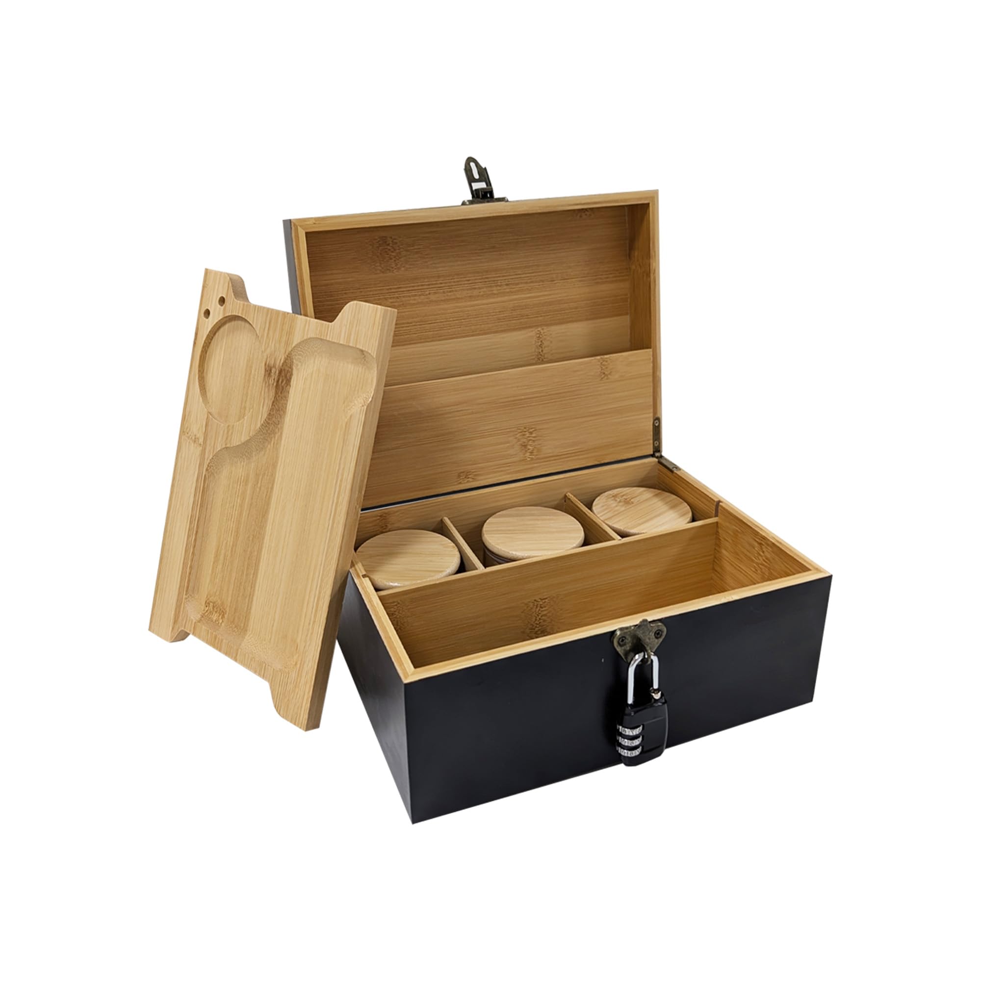 Wooden Lock Box Combo Storage - Multipurpose Decorative Box with Removable Tray - Combination Lock - Detachable Dividers - 3 Glass Jars bamboo box for storage herb essentials (Black)