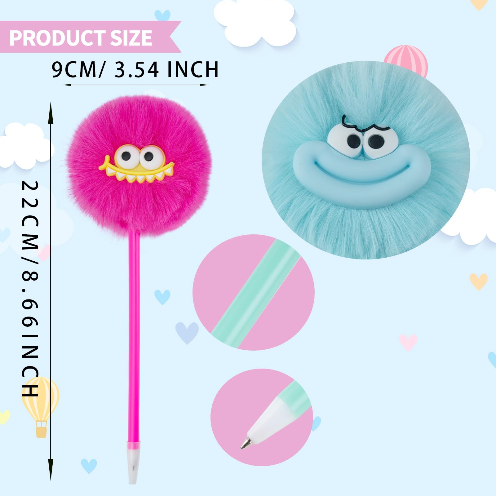 OMyFav 30 bolígrafos esponjosos con pompones lindos y divertidos bolígrafos kawaii para niños, animales de peluche coloridos para premios de aula, suministros de oficina