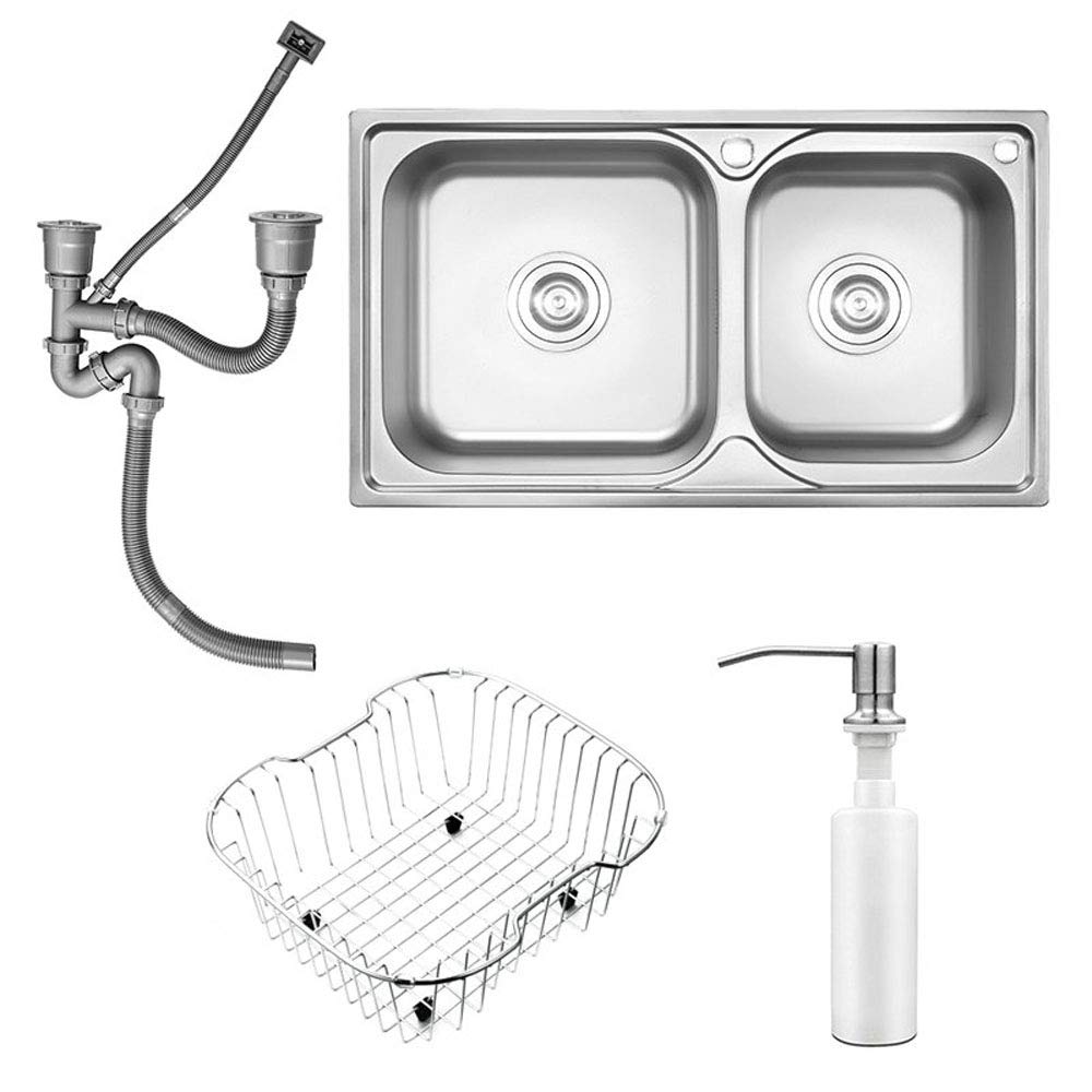 Évier de cuisine à 2 bacs blanc en inox 304 HomeLava avec distributeur de savon 72x41 cm