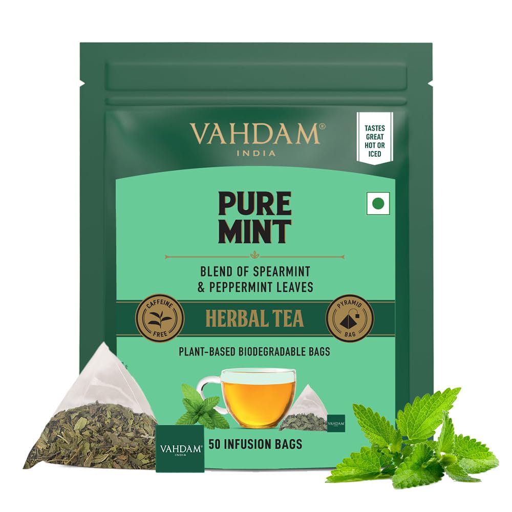 VAHDAM, Pure Mint Infusion Bags β 50 Pyramid Bags | Caffeine Free, Non-GMO, Gluten-Free | Botanical Tisane β Sweet & Minty | Resealable Ziplock Pouch
