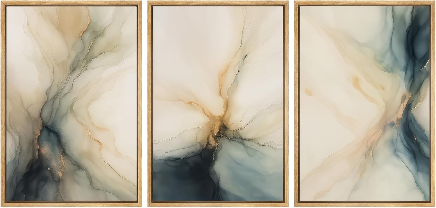 SIGNWIN Framed Canvas Print Wall Art Set Neutral Marble Fluid Modern Abstract Ink Illustrations Modern Scenic Colorful Ultra for Living Room, Bedroom, Office - 16"x24"x3 Natural