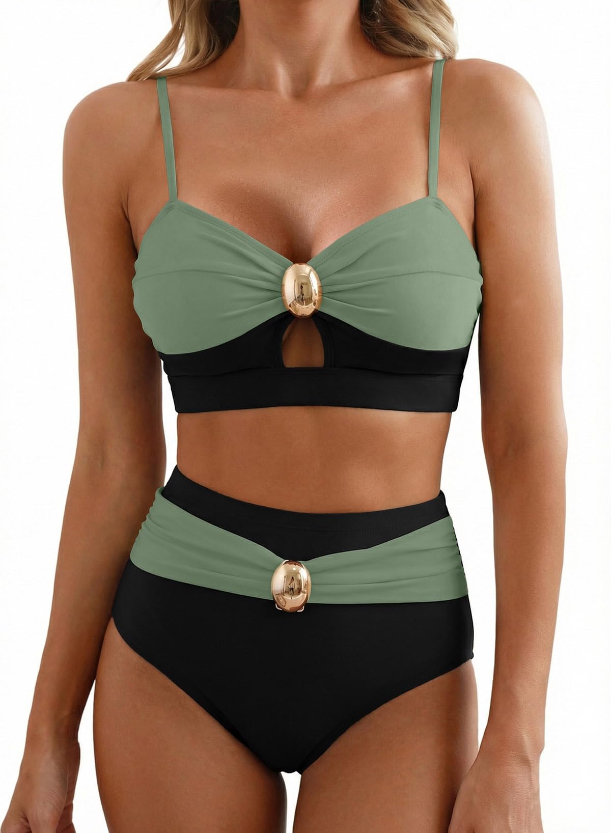 Photo 1 of Herseas Women's 2 Piece Contrast Color Bikini Sets Oval Metal Wire Free Swim Suits 2026 High Waisted Ruched Modest Sporty Bathing Suits Summer Flattering Resort Outfits Mist Green Large