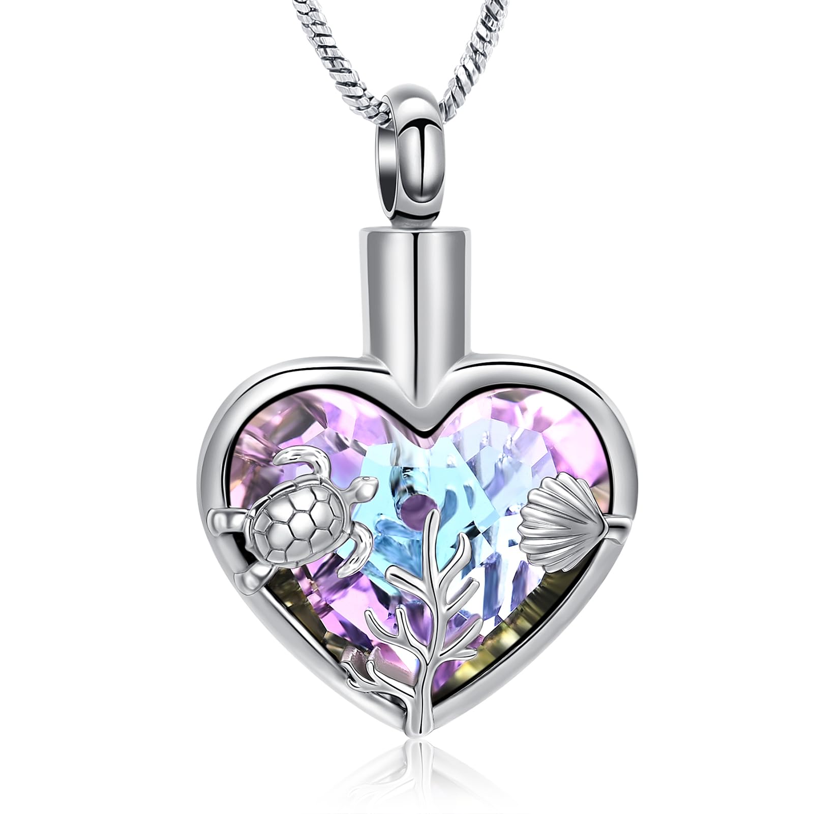 Yinplsmemory Sea Turtle Urn Necklaces for Ashes for Women Men Stainless Steel Crystal Heart Urn Locket Pendant Keepsake Memorial Cremation Jewelry