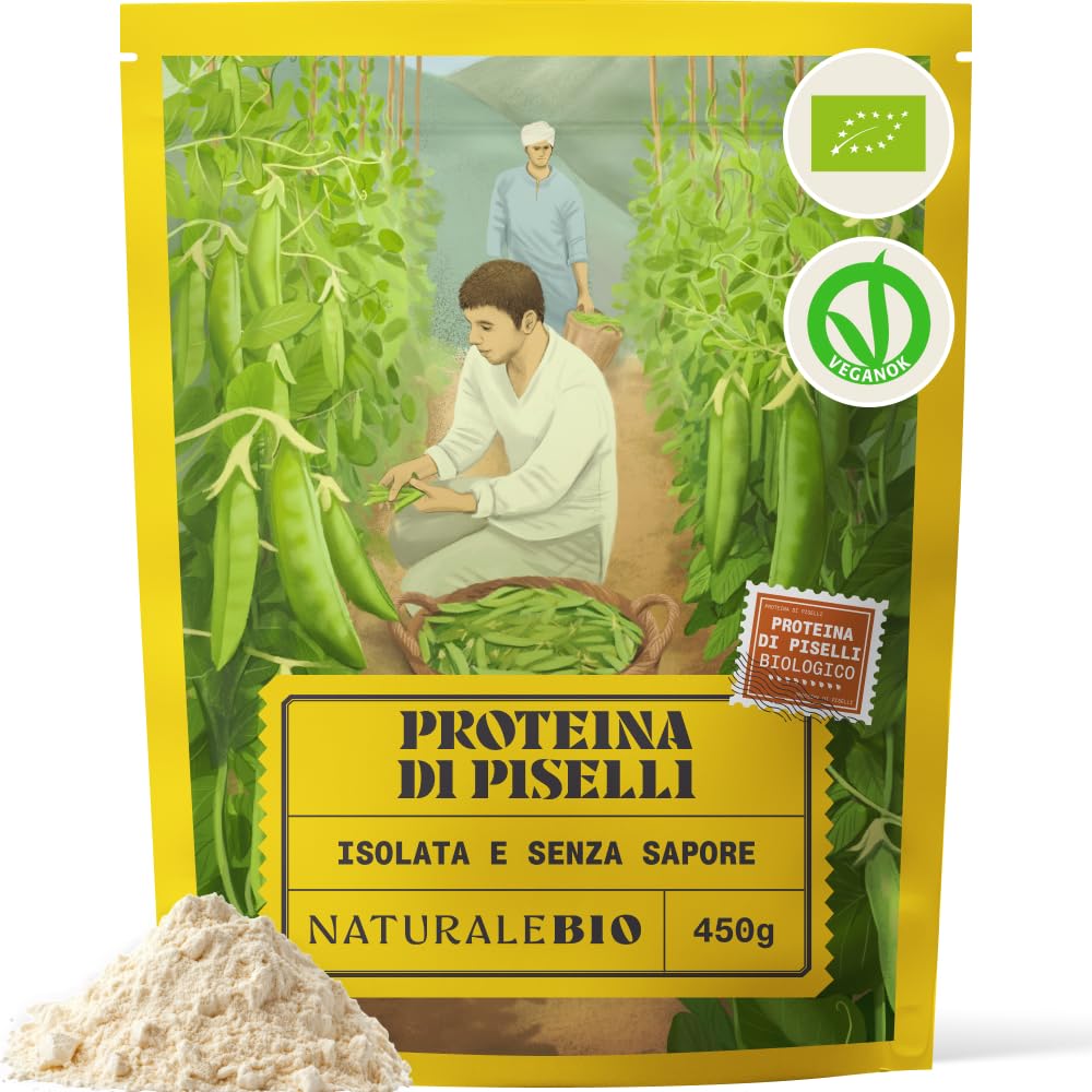 NaturaleBio Proteine di pisello 450g. Vegane, biologiche e non OGM. Ipoallergeniche e facilmente digeribili. Per la gestione del peso, il recupero e la crescita muscolare.