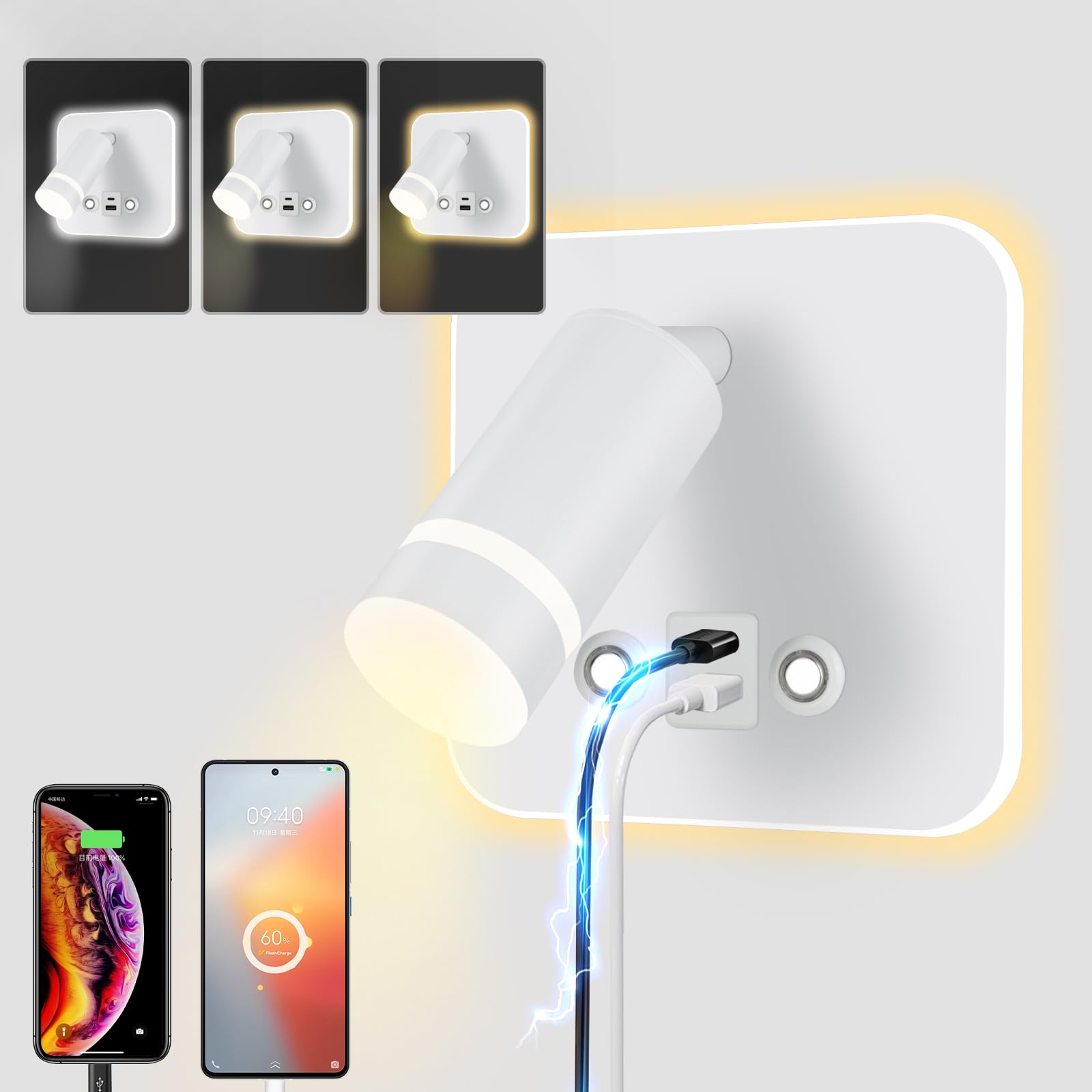 HUIZHOU Lampe de Lecture Murale LED Tactile, Carré Blanc | 3 Températures de Couleur, 12W, Port de Charge USB, Pivotant 350°