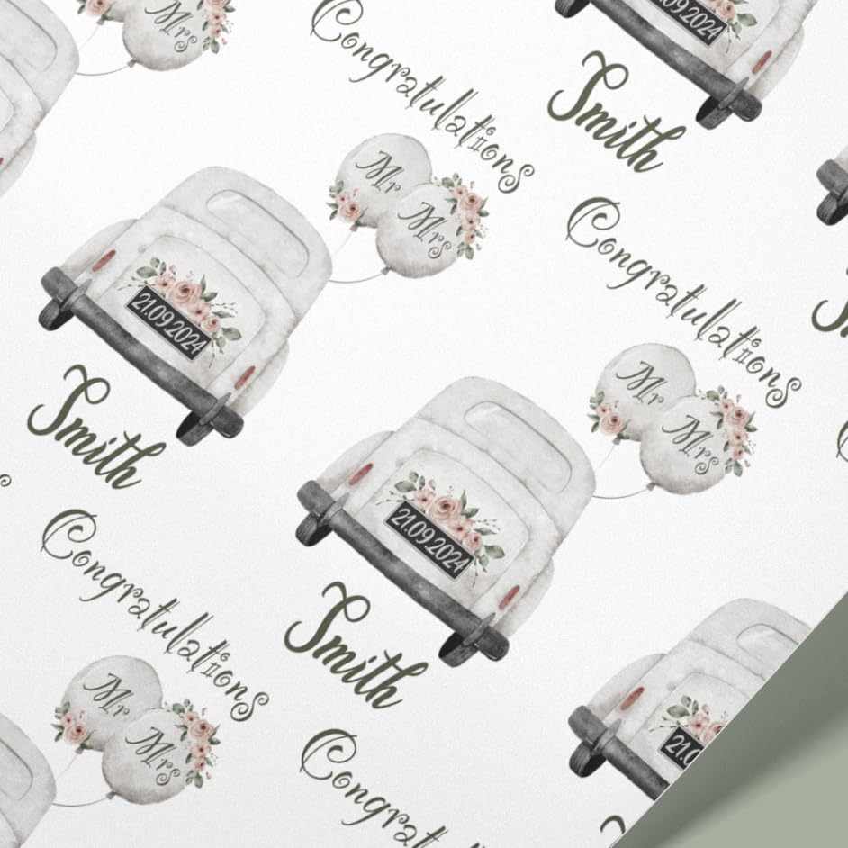 Personalised Wedding Car Gift Wrap โ Custom Surname, Date & Relationship โ Wedding Wrapping Paper Roll โ 61cm Wide โ Mr & Mrs, Mr & Mr, Mrs & Mrs โ Premium Matte Paper