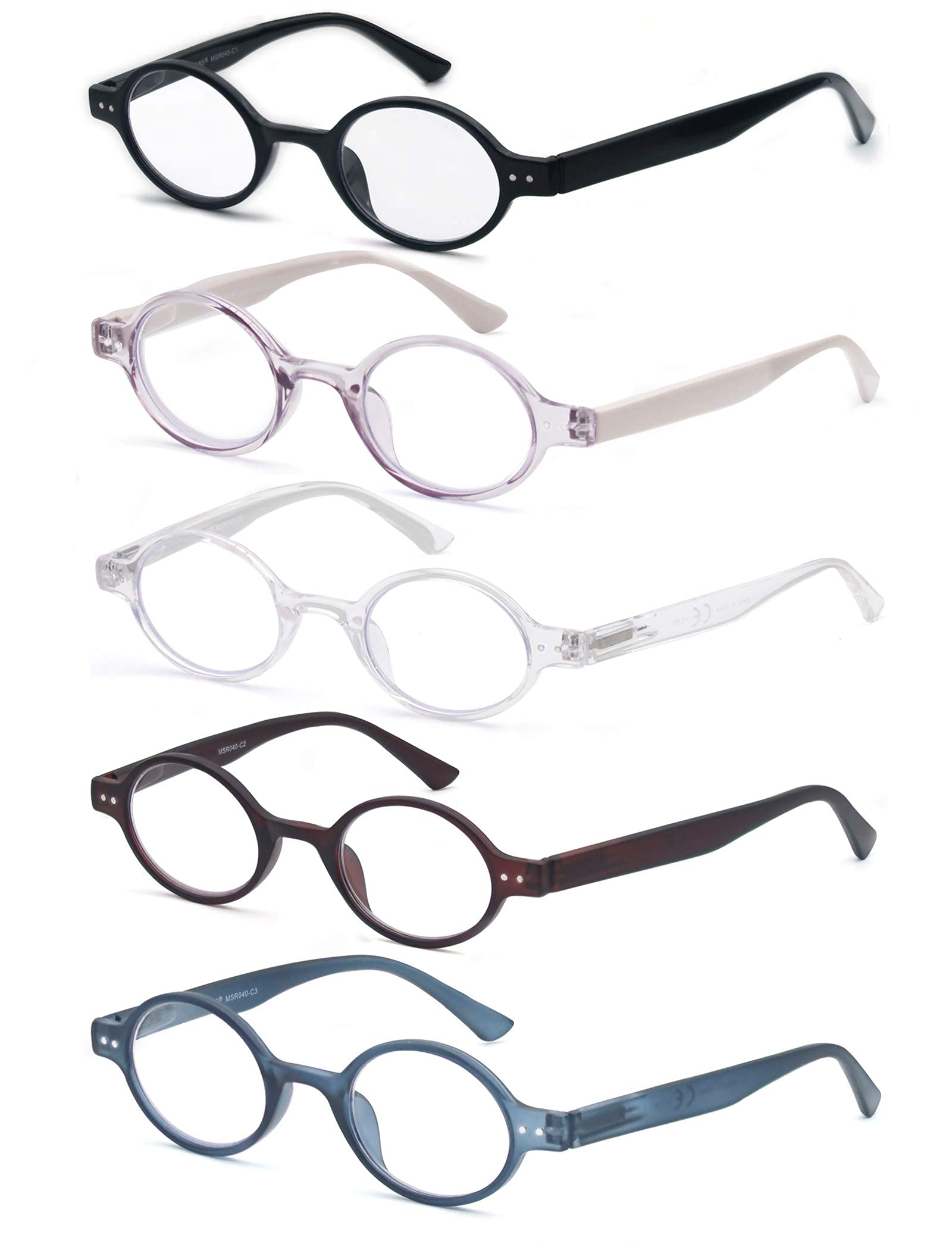 HEEYYOK 2.50+ Round Reading Glasses Men/Women 5-Pack,Spring Hinge,Retro Mini Small Comfort Readers 5-Pouch
