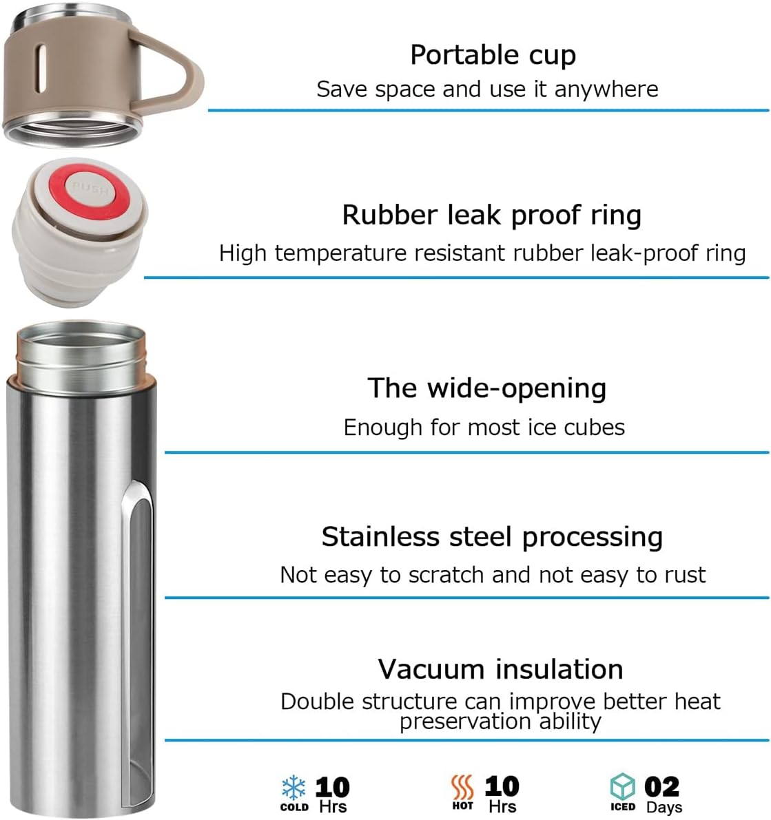 Coffee Thermo Bottle -Vacuum-Insulated Stainless Steel Travel Mug, 16oz Insulated Bottle with Cup for Hot & Cold Drink Travel Mug (Brown, Three Cup) - Image 4