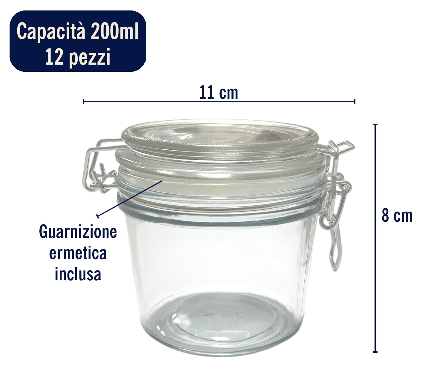Greenatural 12x Barattoli Vetro Ermetici | 12x200ML | Set Vasetti Contenitori per Alimenti con Coperchio e Chiusura a Clip | Barattolo per Dessert, Alimenti, Conserve