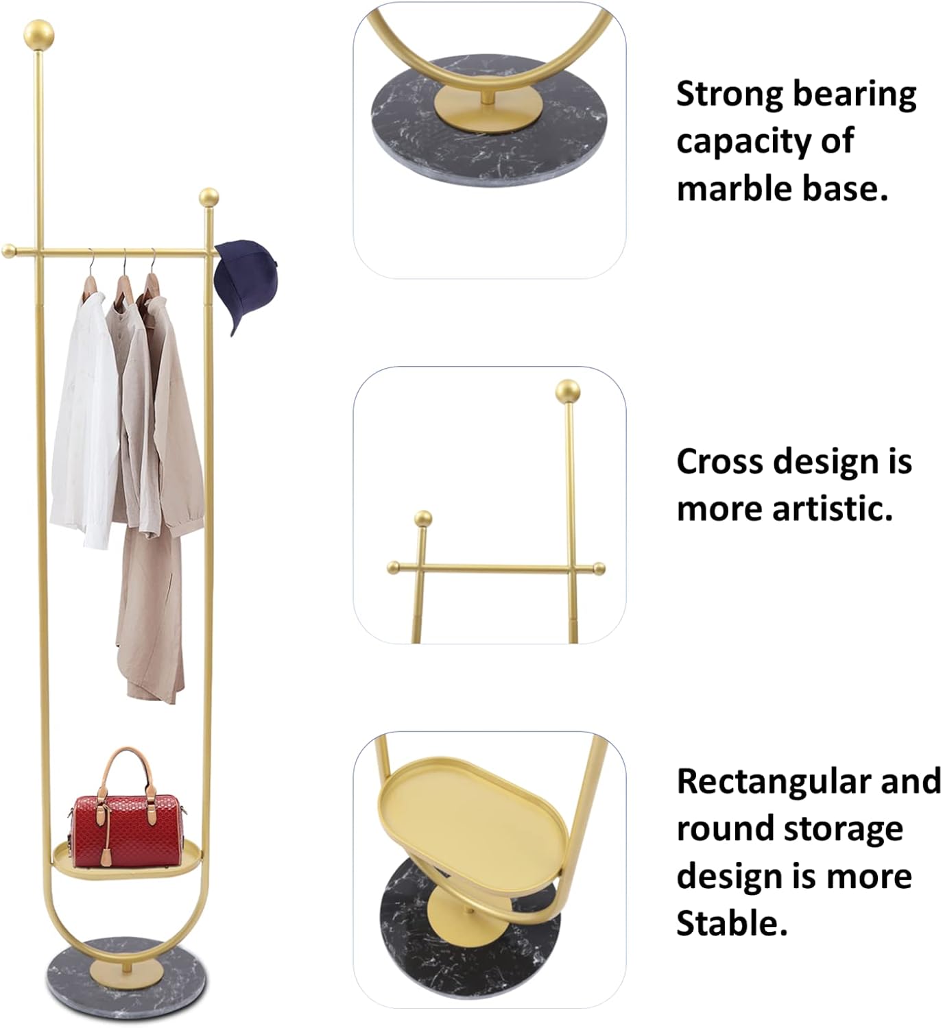 DYRABREST Modern Garment Rack With Clapboard and Clothing Rack With Marble Base Gold Clothing Coat Rack Freestanding for Home Bedroom(Gold Black)