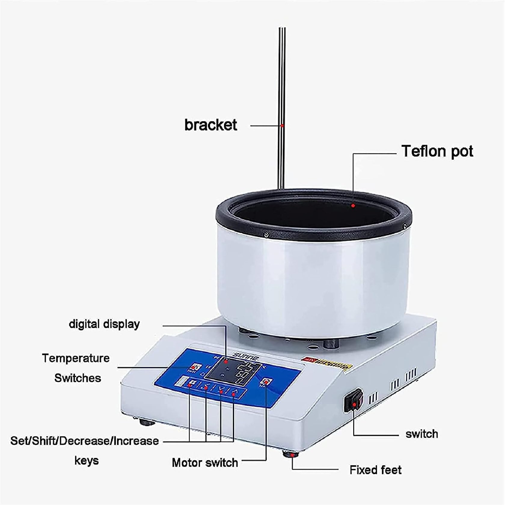 Agitador magnético con calefacción, velocidad ajustable 50-2000 rpm, capacidad de baño de agua y aceite para un control preciso de la temperatura en experimentos científicos