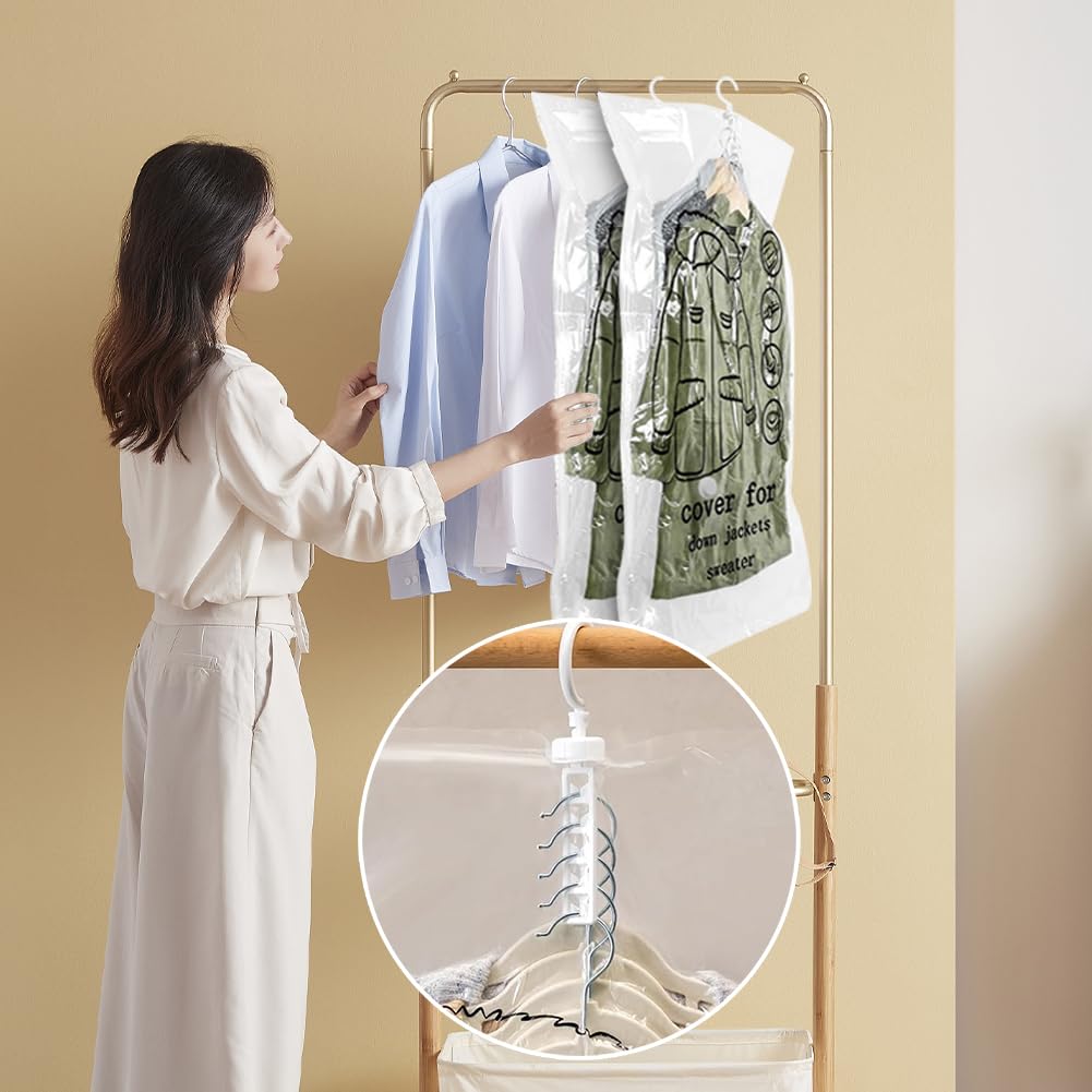 RANJIMA Worki próżniowe na ubrania – 5 sztuk wiszących worków próżniowych z wieszakami na ubrania, przezroczysty organizer do szafy wielokrotnego użytku, worki próżniowe do garniturów/płaszcz/kurtek,