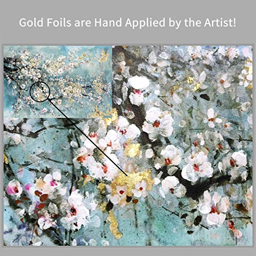 Artistic Path Abstract Canvas Painting Flower Picture: Teal Floral Golden Foil Wall Art On Canvas For Office (36''W X 24''H,Multi-Sized) #TOP4
