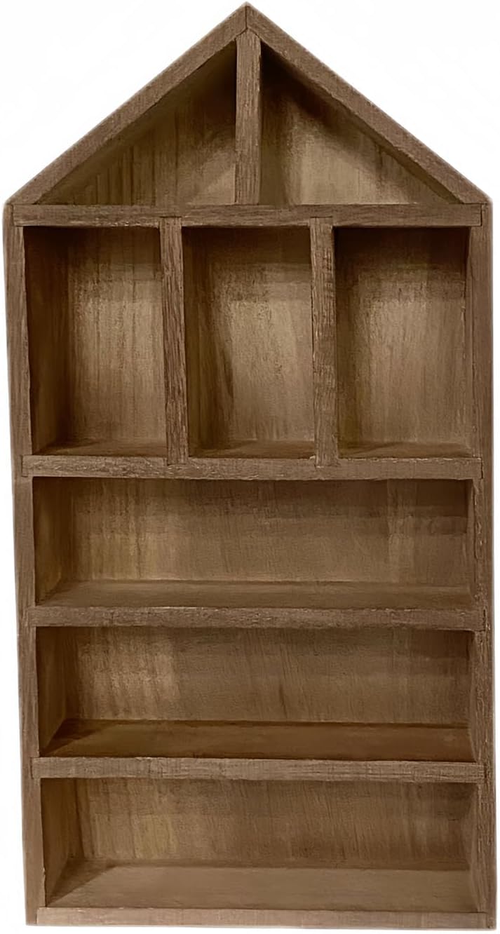 TANG SONG 1 PC 11-Slot Wooden House-Shaped Mini Figures Cubby Box Display Shelf Organizer Storage Box (Dark Brown)