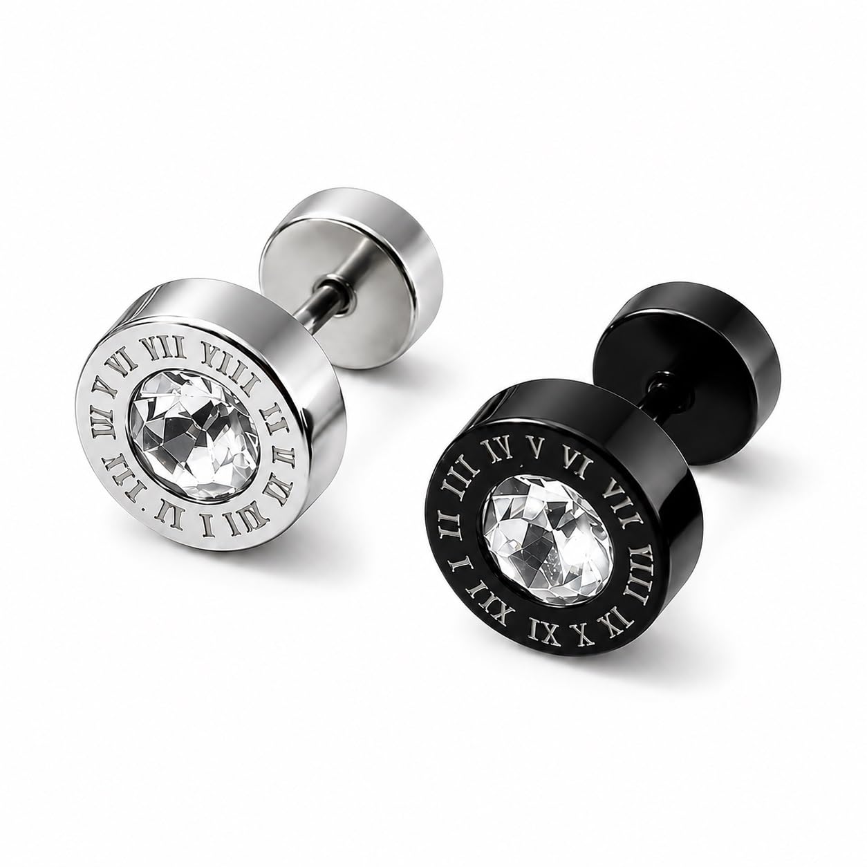 Silver & Black Color Round Roman Numeral Crystal Single Ear Stud Earring For Men-picture-50