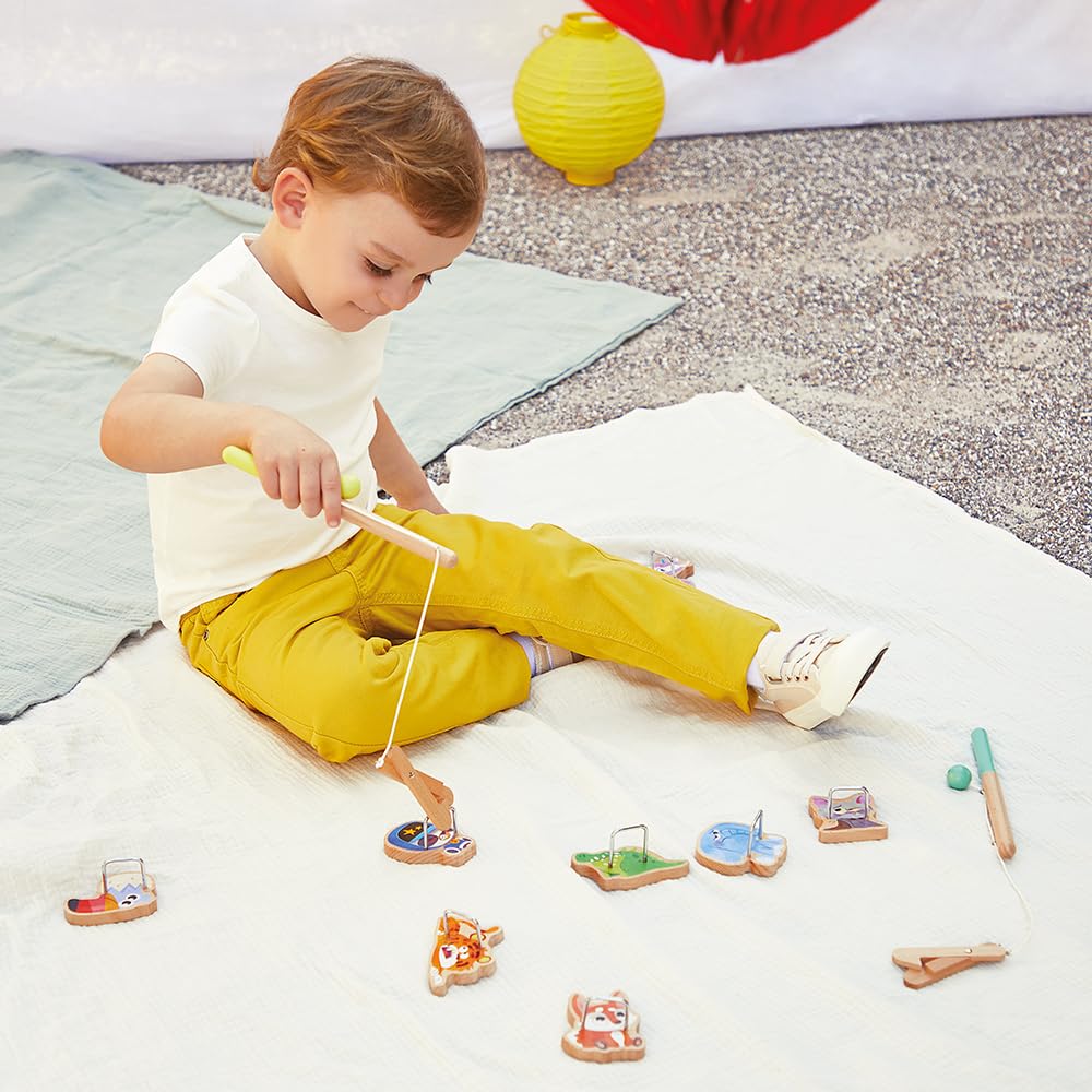Janod - Angelspiel Applepop - Geschicklichkeitsspiel für Kinder - 2 Greifer + 10 Tiere + 1 Beutel - Fördert Handgeschicklichkeit und Konzentration - Spielzeug aus FSC-Holz - Ab 3 Jahre, J03352