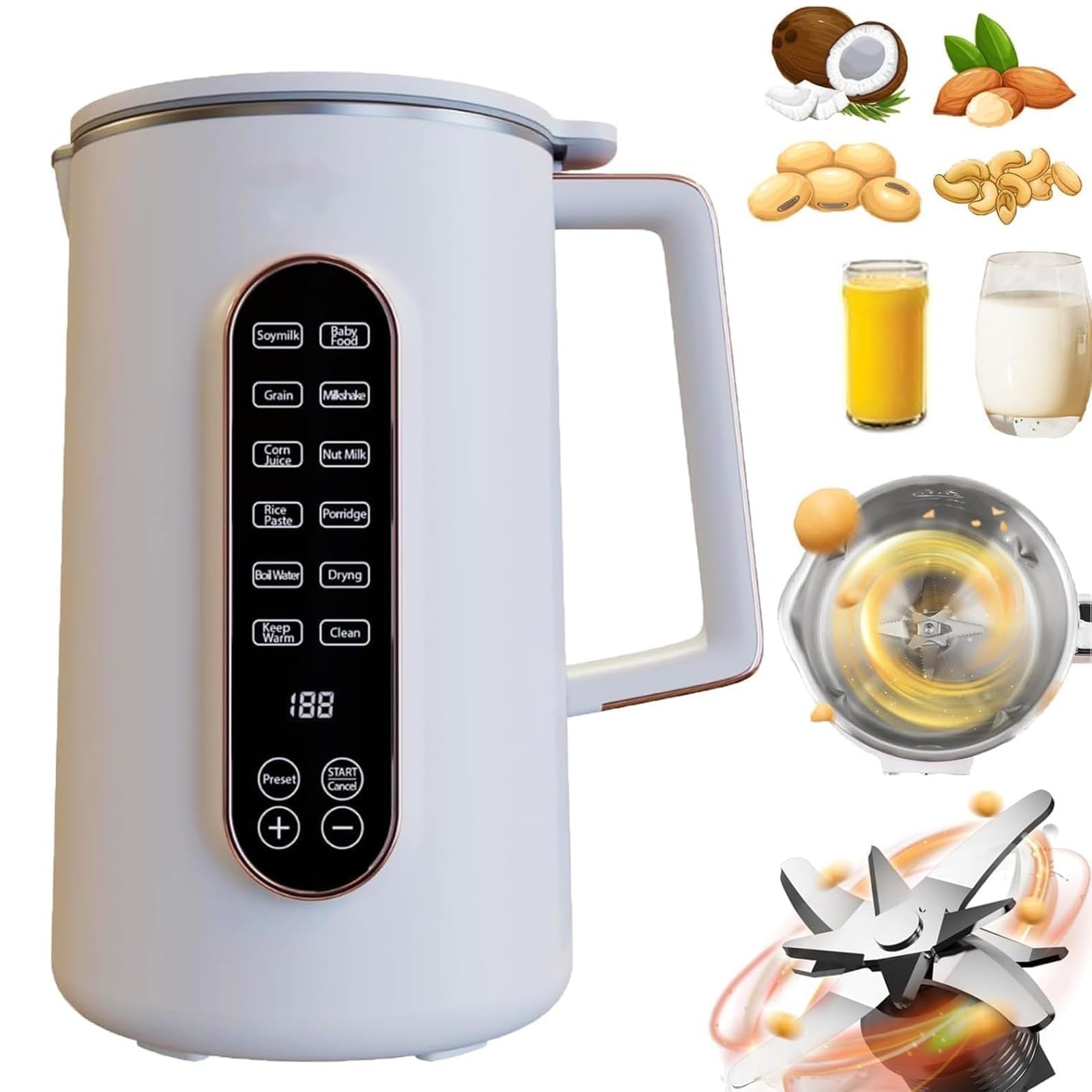 Macchina per il latte di noci 8 in 1 Macchina automatica per latte di avena e mandorle di soia con avvio ritardato mantiene caldo e funzione di pulizia automatica
