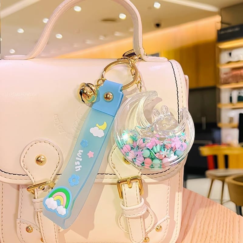 HSYHERE Women Girls Beautiful Creative Sleeping on Moon Rabbit Moving Sand Keychain Flowing Sand Pendant Metal Key Ring image 5