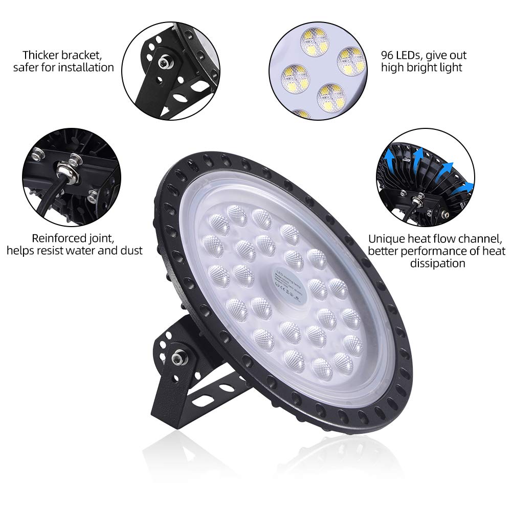 Sararoom UFO Lámpara Industrial 5×100W, 8000LM Foco LED Exterior IP65 de Alta Bahía 6500K Blanco Frío, Luz de Seguridad para Almacén, Garaje, Fábrica, Sótano