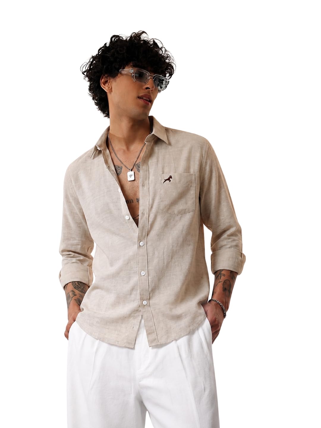 Elevated Men Beige Linen Cotton Shirt L - Image 1