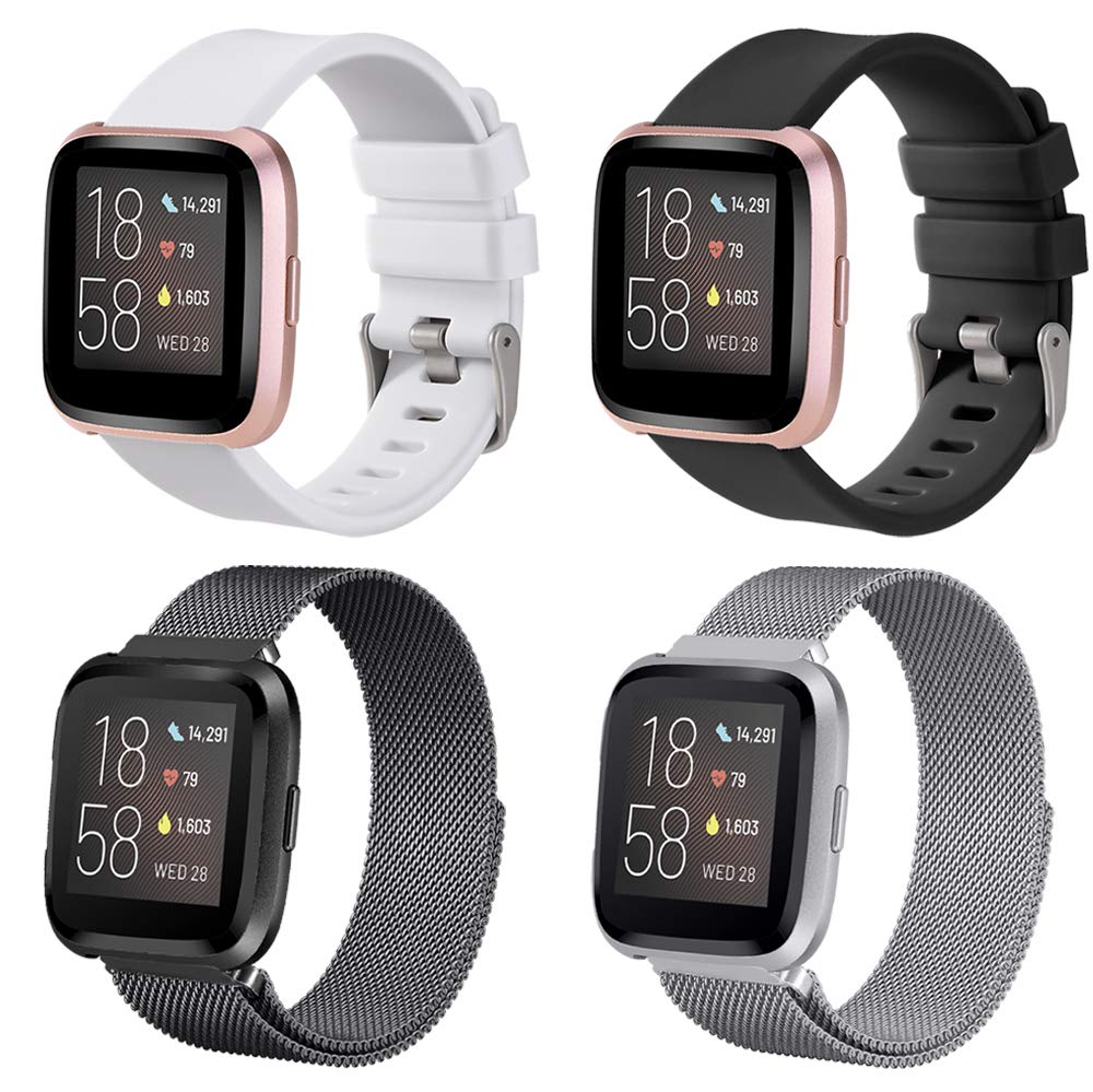 SINPY Watchband for Fitbit Versa Bands,4-Pack Mixed Adjustable Metal/Silicone Replacement Sport Wristbands for Men/Women,Compatible with Fitbit Versa 2/Fitbit Versa Lite,Small/Large