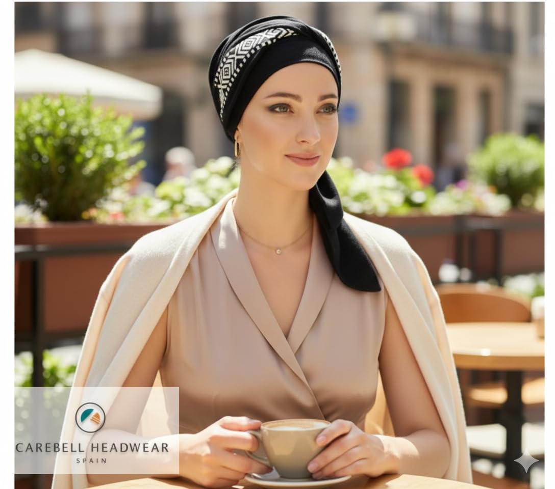 CAREBELL Turbante oncológico Modelo Smooth – diseño Ikat Negro en bambú Suave y Transpirable, Especial para quimioterapia, Alopecia y Pieles sensibles