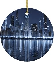 (Chicago Reflected) Round Ceramic Pendant 1 Pcs, Christmas Tree Ceramic Indoor Outdoor Xmas Tree Room Holiday Party Decor Ornament