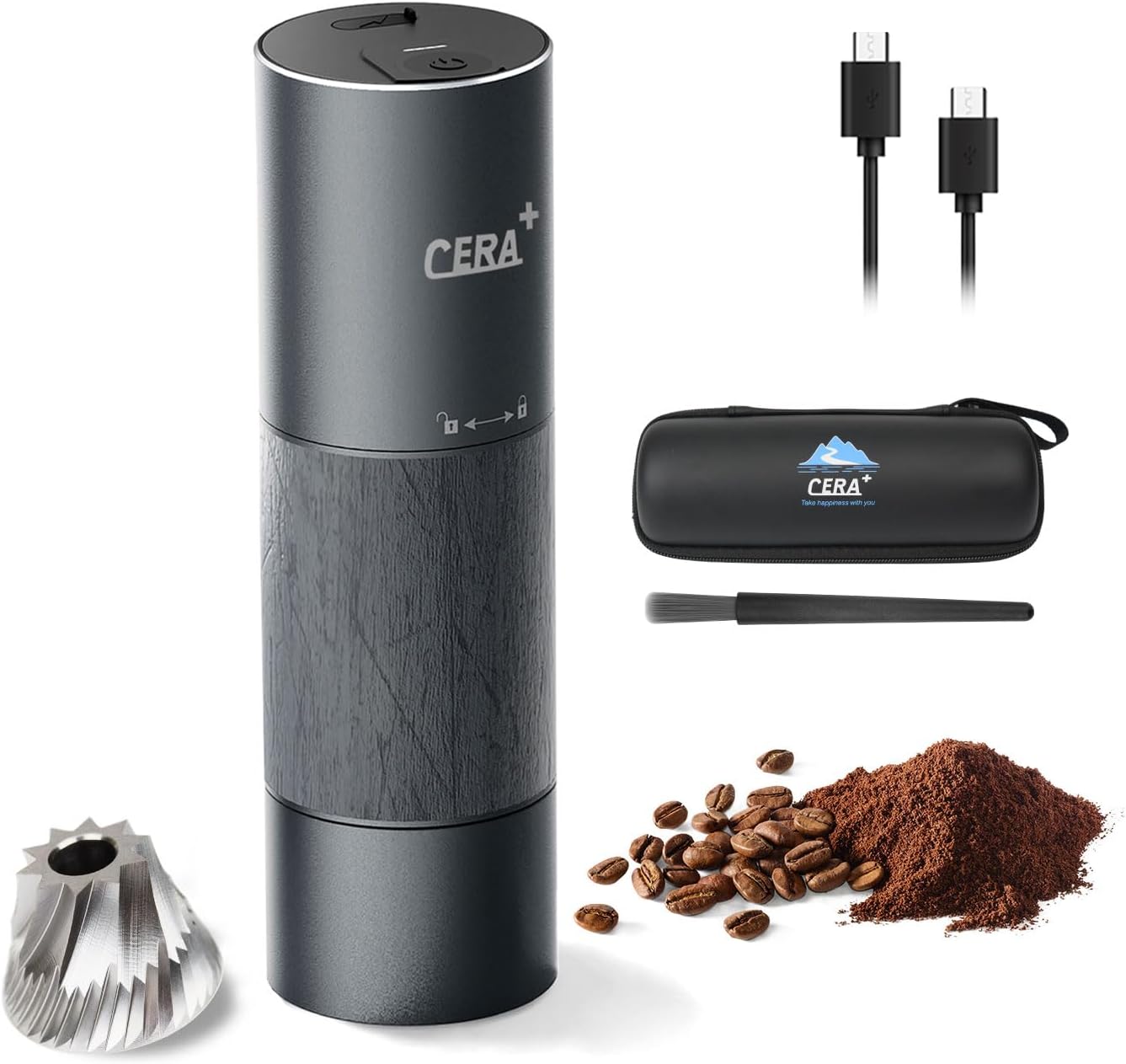 Portable Coffee Bean Grinder,Electric Coffee Grinder,Coffee Grinder with 90 Precise Grind Setting,Auto‑Stop & One-Button,Burr Coffee Bean for Espresso,Pour-Over, French Press Moka, with Bag