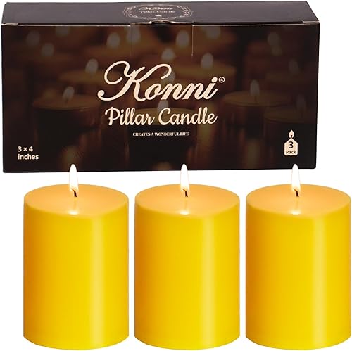 KONNI Juego de 3 velas de pilar amarillas sin perfume de 3 x 4 pulgadas, velas de 39 horas de combustión, velas redondas grandes sin humo y sin