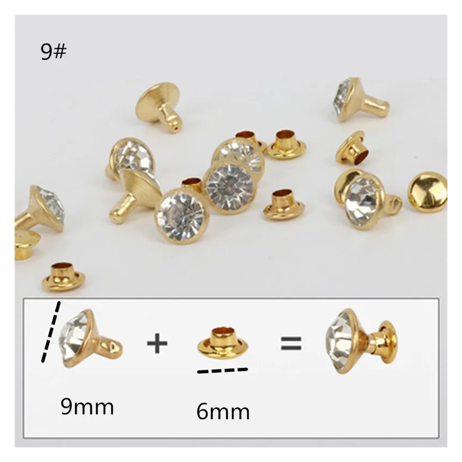 Remaches de cristal metálico, Juego de tachuelas con remaches diamantes imitación 5-12 mm plateado/dorado 50/100/200