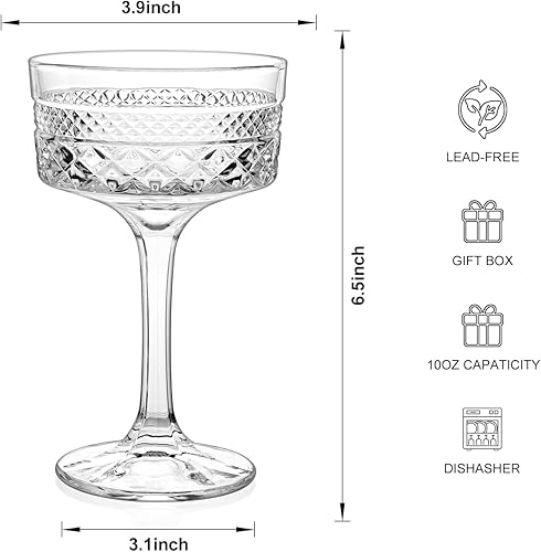 Miniatura 2 de Juego de 6 vasos de copa acanalados de 10 onzas, juego de vasos de cóctel vintage de 10 onzas, copa de Martini única, galssware clásico, juego de