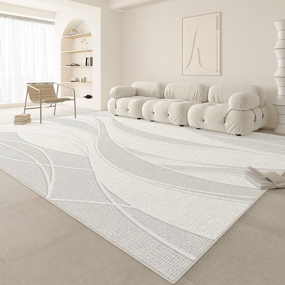 Tapis de salon extra large crème et lignes artistiques