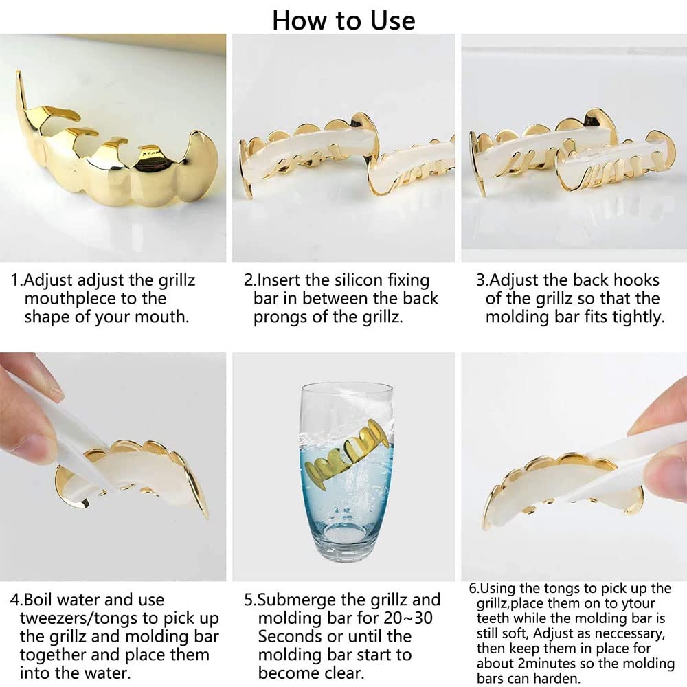 yufana 2 Pcs Top Bottom Teeth Grills,Shine Gold Grills Color Tooth Grills Top Bottom Fake Mouth Grills Plated Gold Silver Grills Mouth Bottom Grills for Joker Rapper,Halloween Costume - Image 3