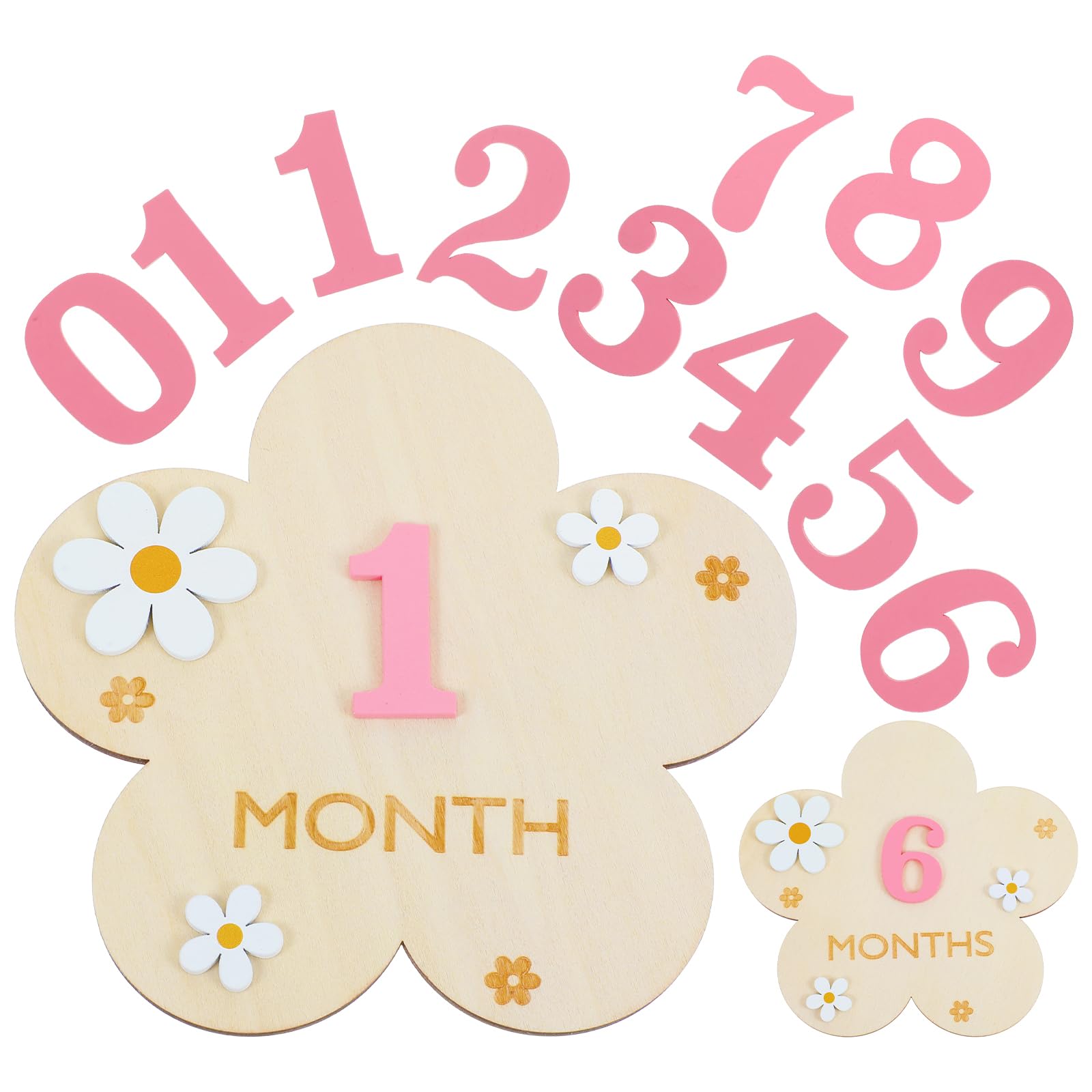 1 Set Meilensteinkarten Baby,DIY Blumen Meilensteinkarten Baby Holz,Austauschbare Figur Babys Monatskarten (1-12 Monate,Rosa)