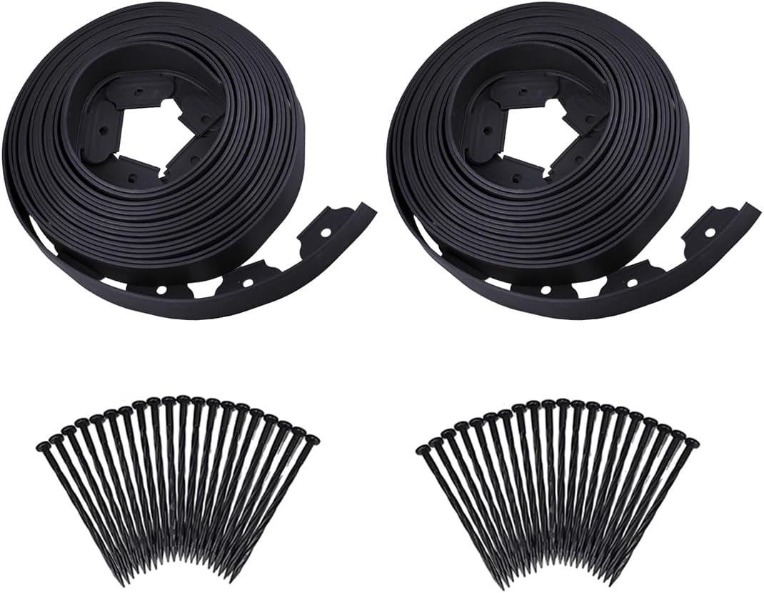 80 FT 2 Inch Tall Garden Landscape Edging Kit, Bonus 100Pcs Spiral Spikes, Black Plastic Lawn Edging for Landscaping, Lawn, Yard, Flower Gardens Border