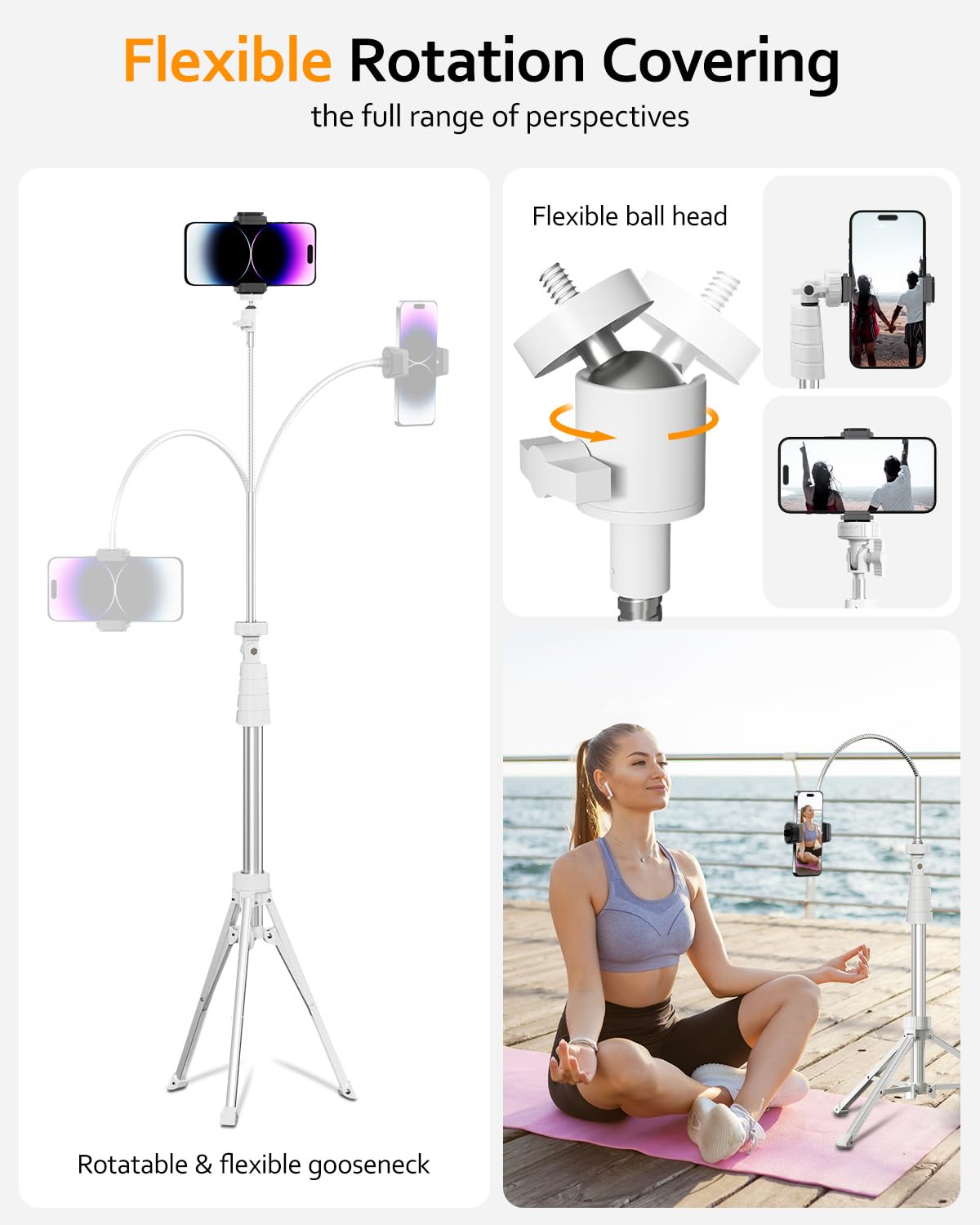 Aureday Statyw do telefonu komórkowego 225 cm, z elastycznym wężem 38 cm, obracany o 360°, pilot zdalnego sterowania Bluetooth i uchwyt do iPhone'a, telefonów komórkowych z systemem Android i aparatów