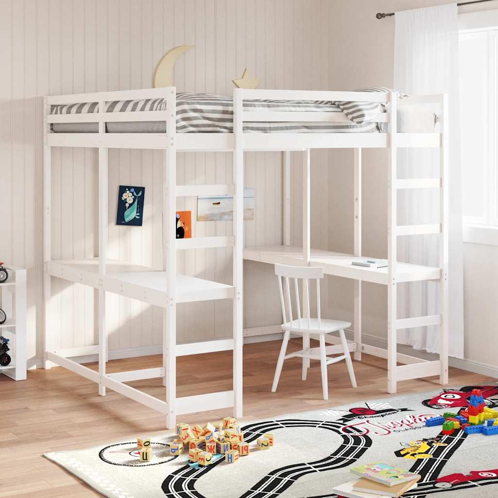 Cama alta con escritorio y escalera, marco de cama de pino blanco, 160 x 200 cm, cama de tamaño Queen robusta para niños y jóvenes, mueble que ahorra espacio