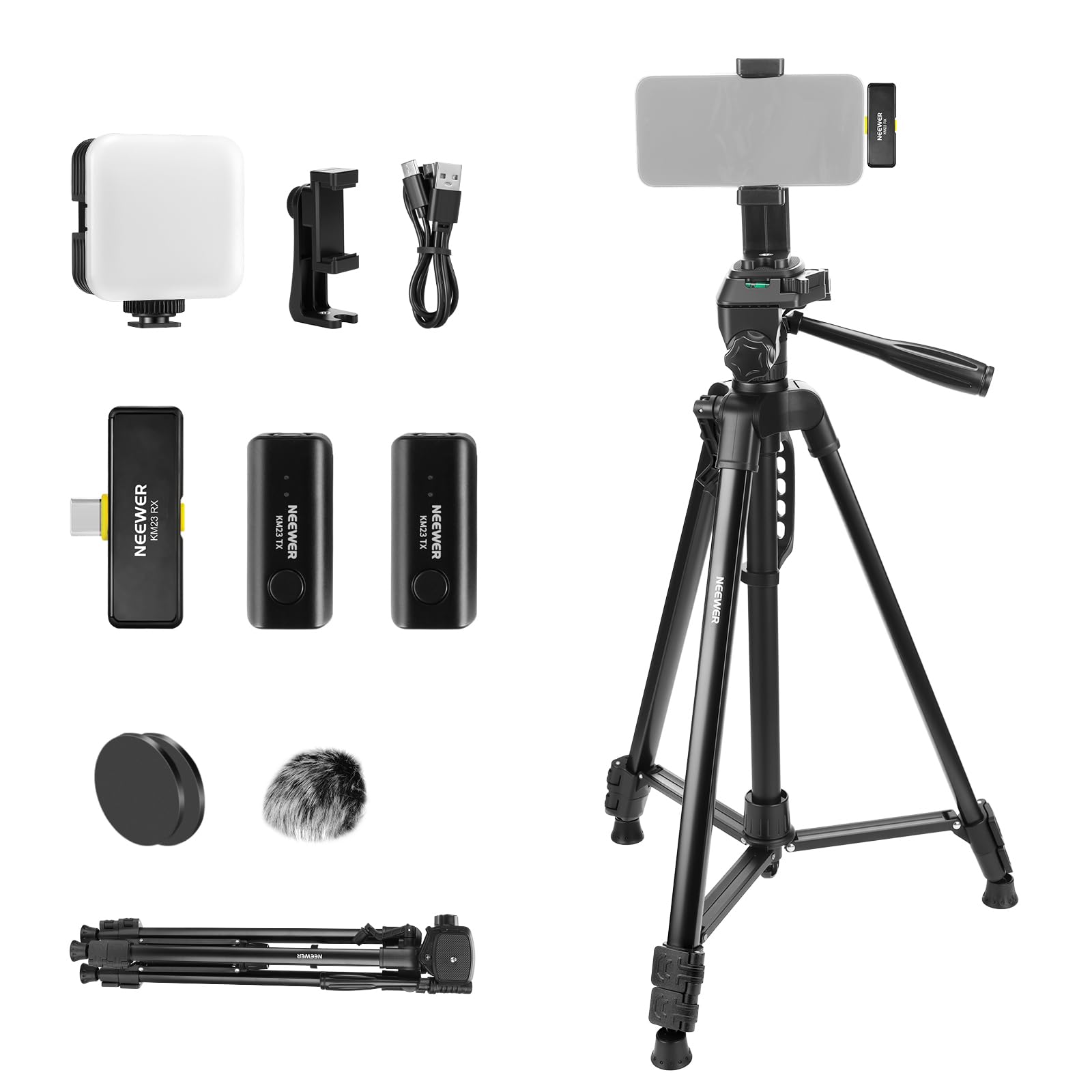 NEEWER BÁSICO PA056 Vlogging Kit para iPhone Android Phone para Youtube TikTok Streaming Cine Grabación, Trípode + Micrófono + Luz LED Relleno, Esenciales para Iniciar la Creación Contenido Youtuber