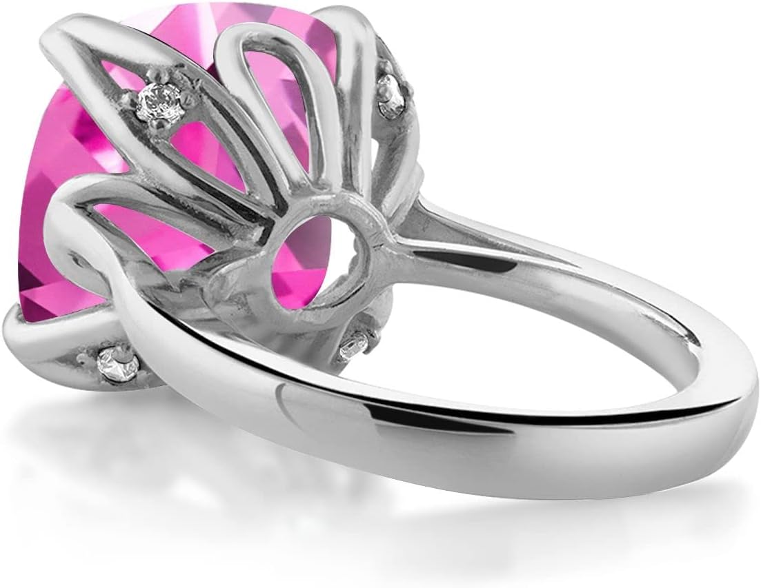 Gem Stone King 925 Sterling Silver Pink Created Sapphire Engagement Ring For Women (14.68 Cttw, 14MM Cushion)