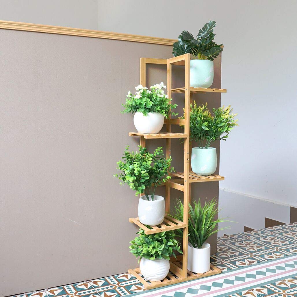 Medla Estantería para Macetas de Bambú, Escalera para Flores Trapezoidal con 6 Estantes Soporte Plantas Estante Vertical para Esquina Exterior Interior Balcón Jardín Sala de Estar 40 x 20,2 x 102 cm