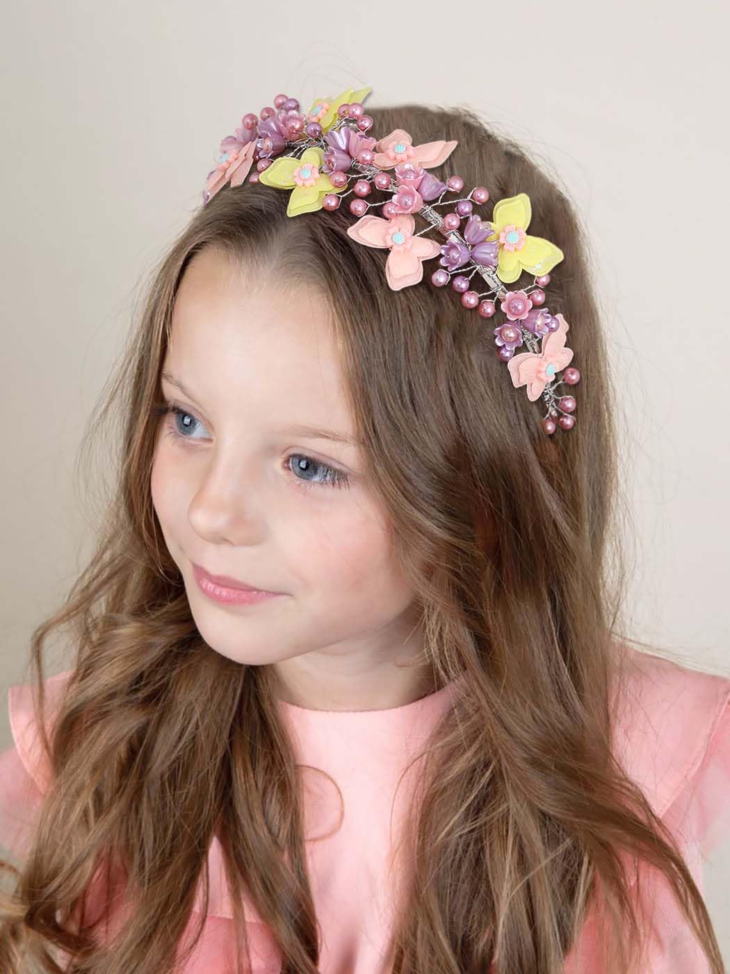 IYOU Princess Wedding Headband Purple Butterfly Hair Bands Pearl Communion Bridal Hair Accessories for Girls