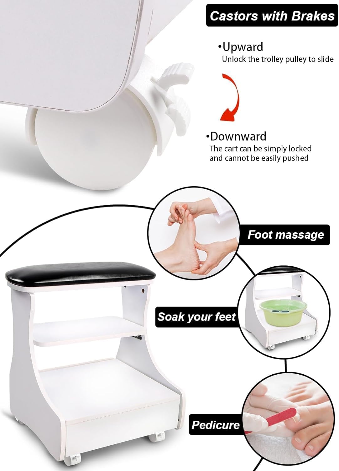 Repose pieds de pédicure à roulettes en cuir PU, tabouret de manucure mobile pour salon de beauté (noir blanc)