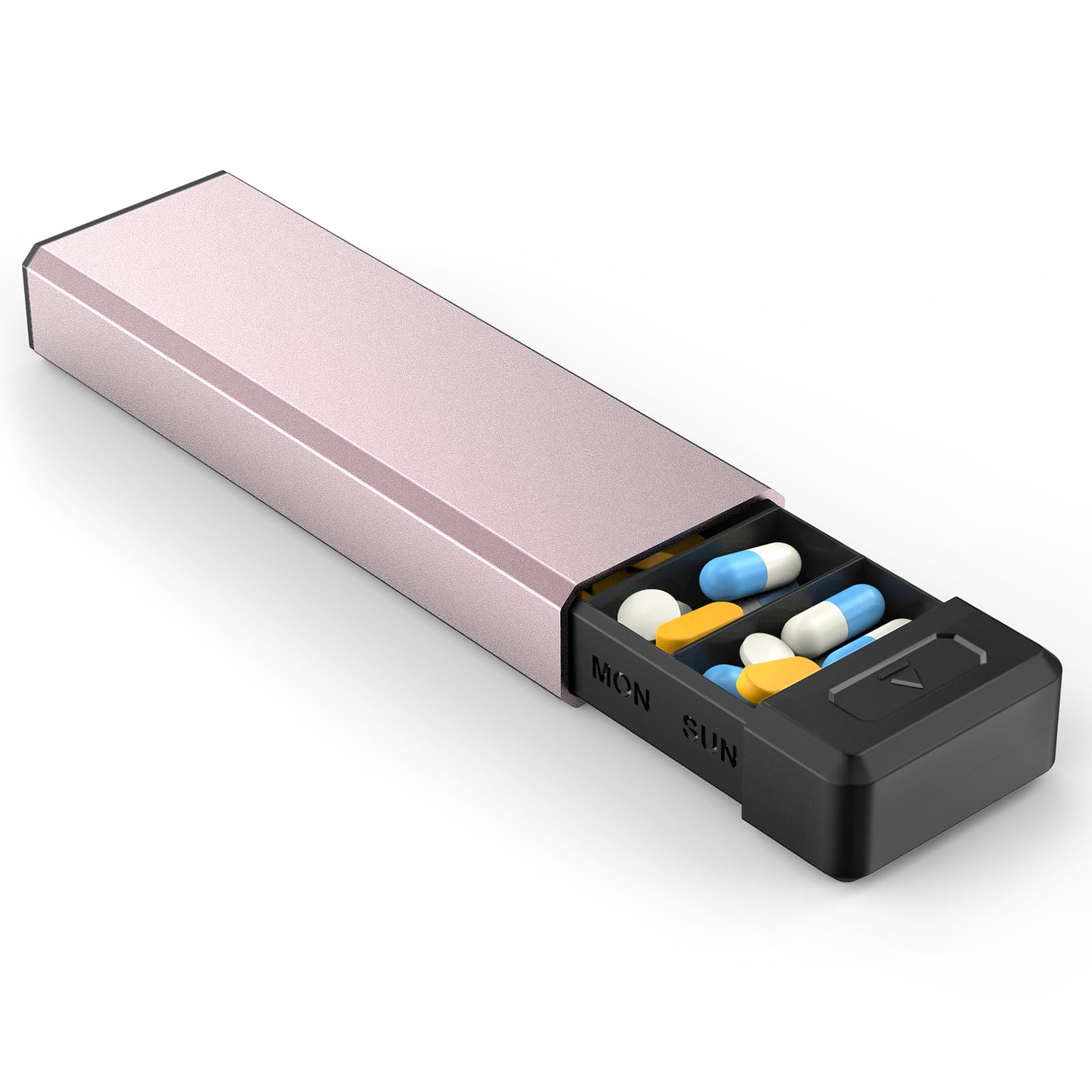 HEIYING Pill Organizer with Aluminum Shell for One Week Capacity, Portable 7 Compartments Pill Box Container to Hold Vitamin, Medicine, Supplements