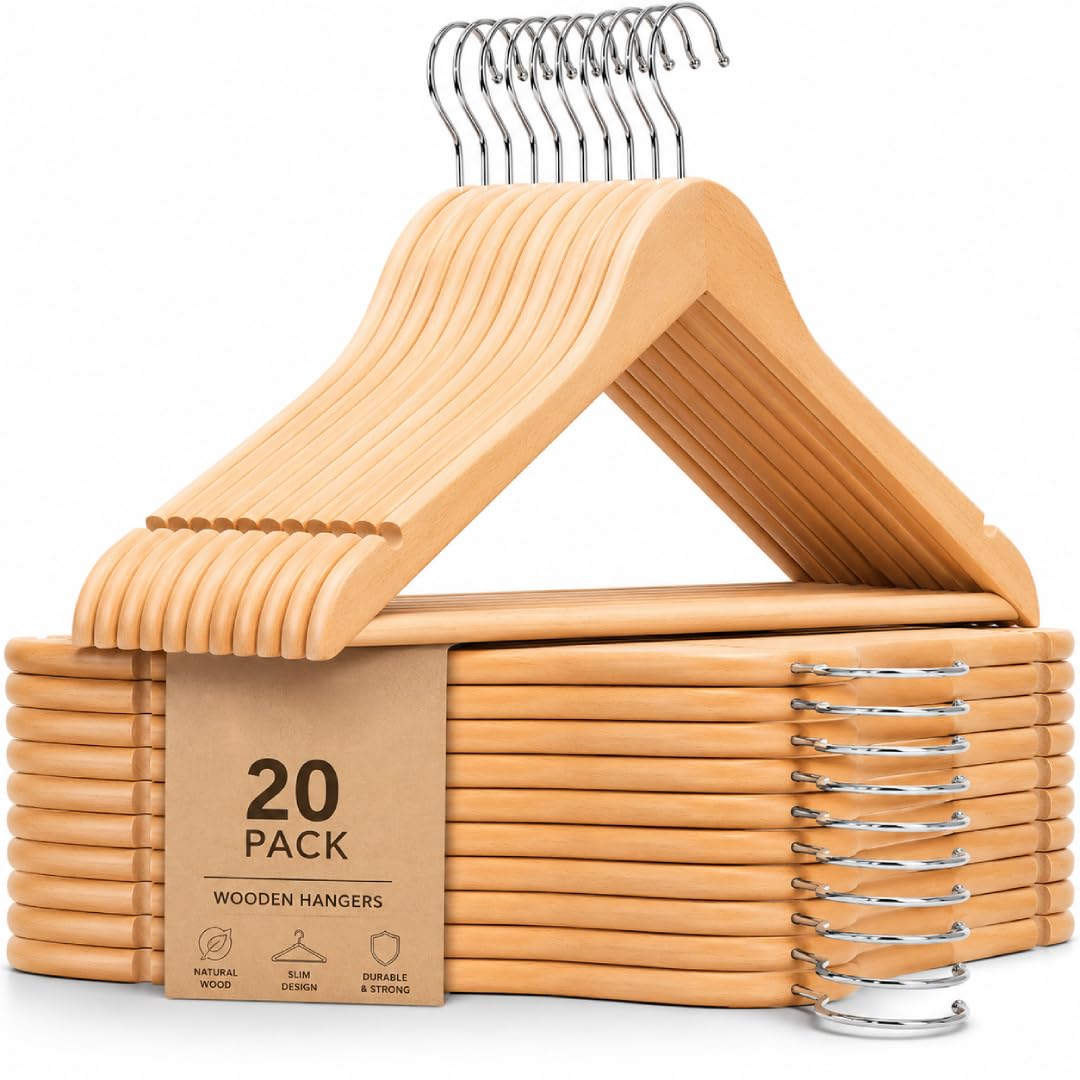 MIDAVA Wooden Clothes Hangers - Premium Natural Wood Suit Hangers with Non Slip Shoulder Notches & Pant Bar - Heavy Duty Slim Coat Hangers for Shirts, Jackets & Dresses - 20 Pack