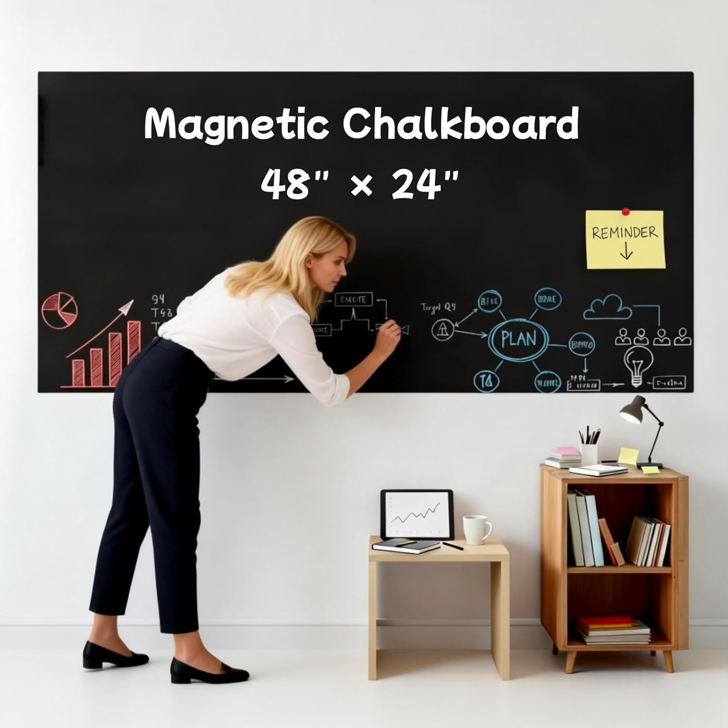 Magnetic Chalkboard 48"x24" – Peel & Stick Self-Adhesive Board with 6 Chalk, 5 Liquid Markers, Magnets & Holder, Classic Matte Surface for Restaurant Menu, Office Schedule & Home Display