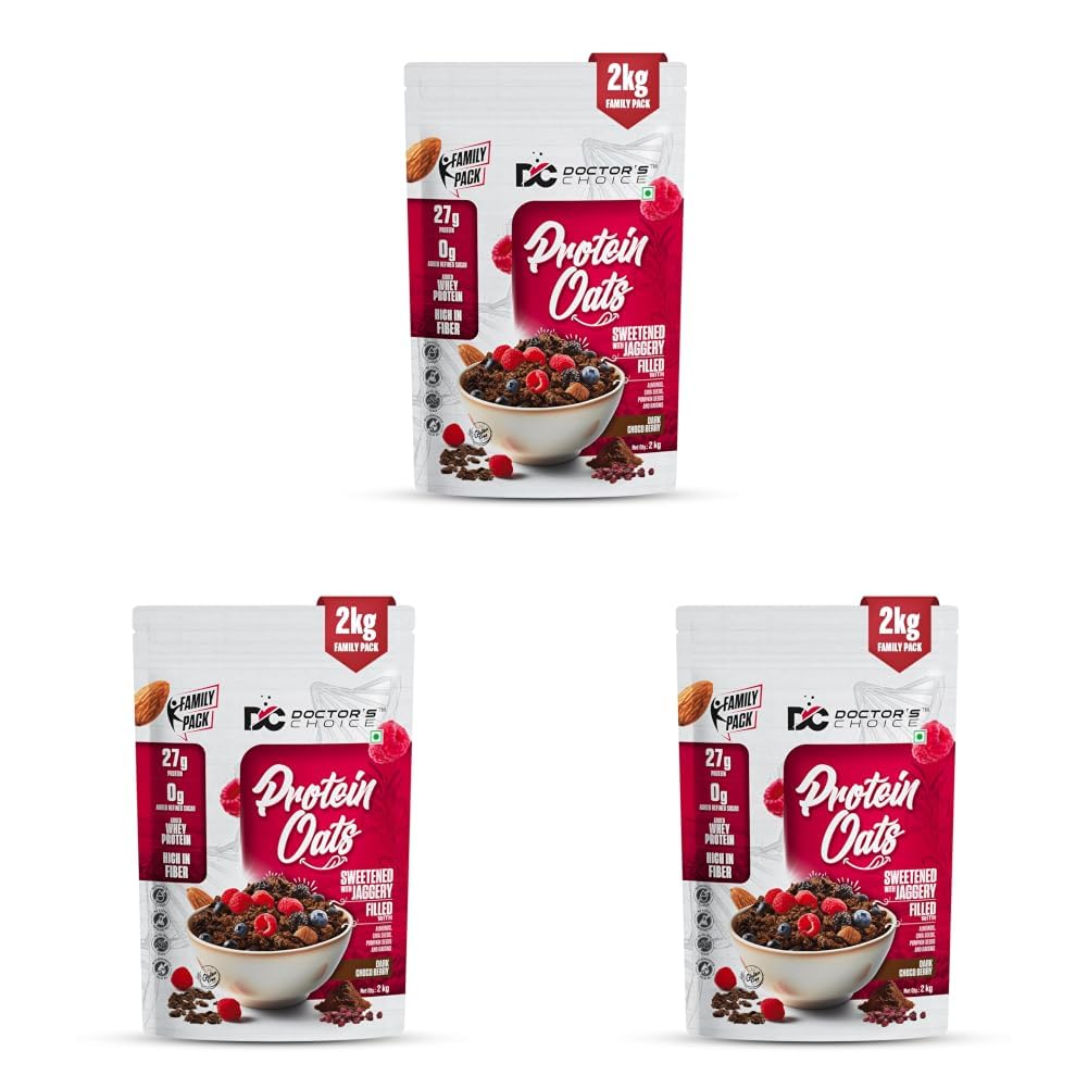 Doctors Choice High Protein Oats 2Kg | 27g Protein Oatmeal | Dark Choco Berry Flavor | No Added Sugar | Gluten Free | High Fiber Healthy Breakfast Oats (Pack of 3)-image-44