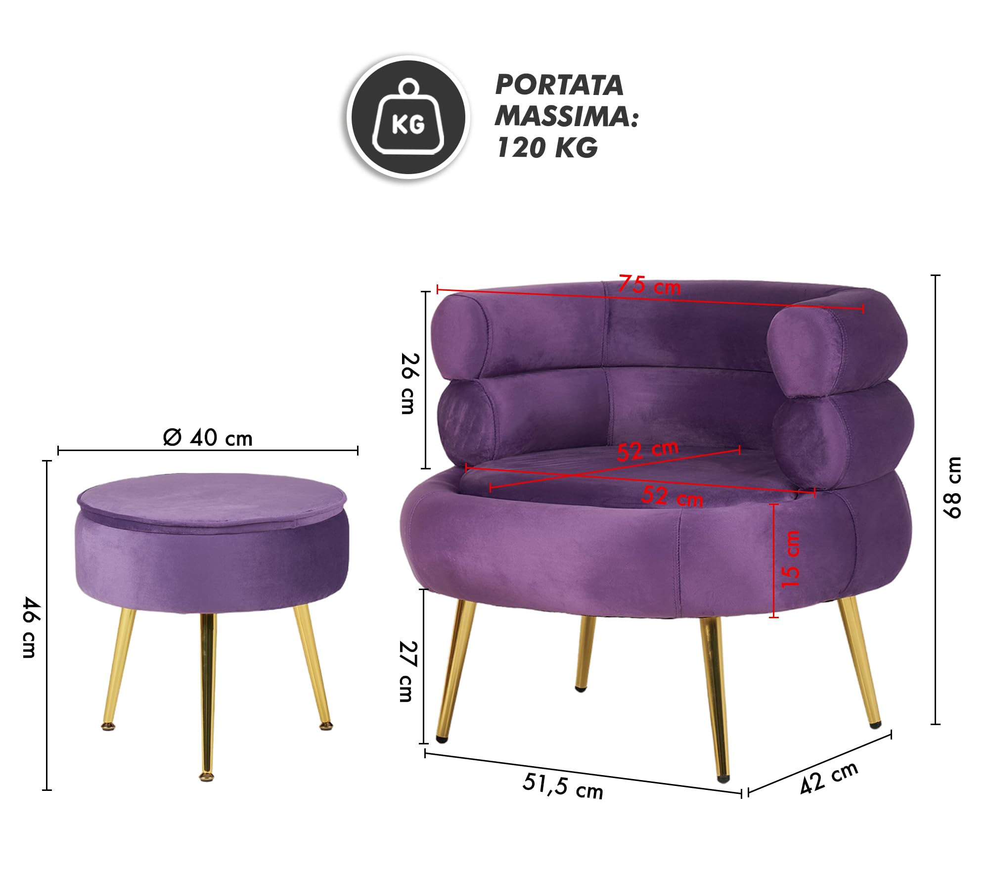 IlGruppone Poltrona Camera da Letto e Salotto in Velluto con Poggiapiedi Contenitore - Poltroncina Relax Moderna con Gambe in Metallo Placcato Oro - Design Moderno - Viola
